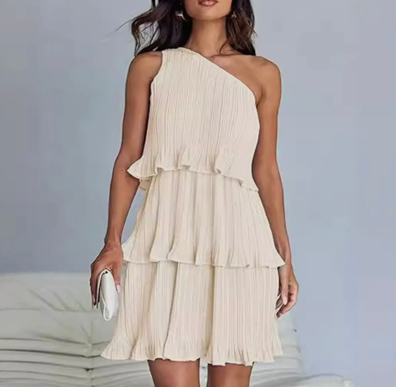 White Diagonal Shoulder Tiered Dress