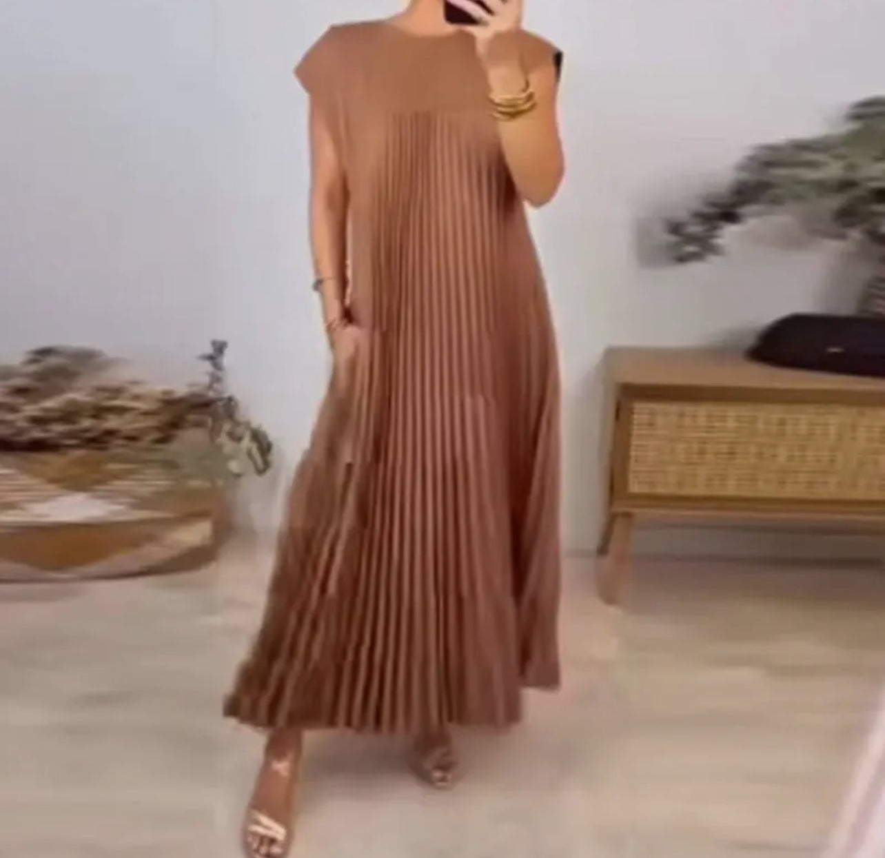 Brown Sleeveless Pleated Maxi Dress