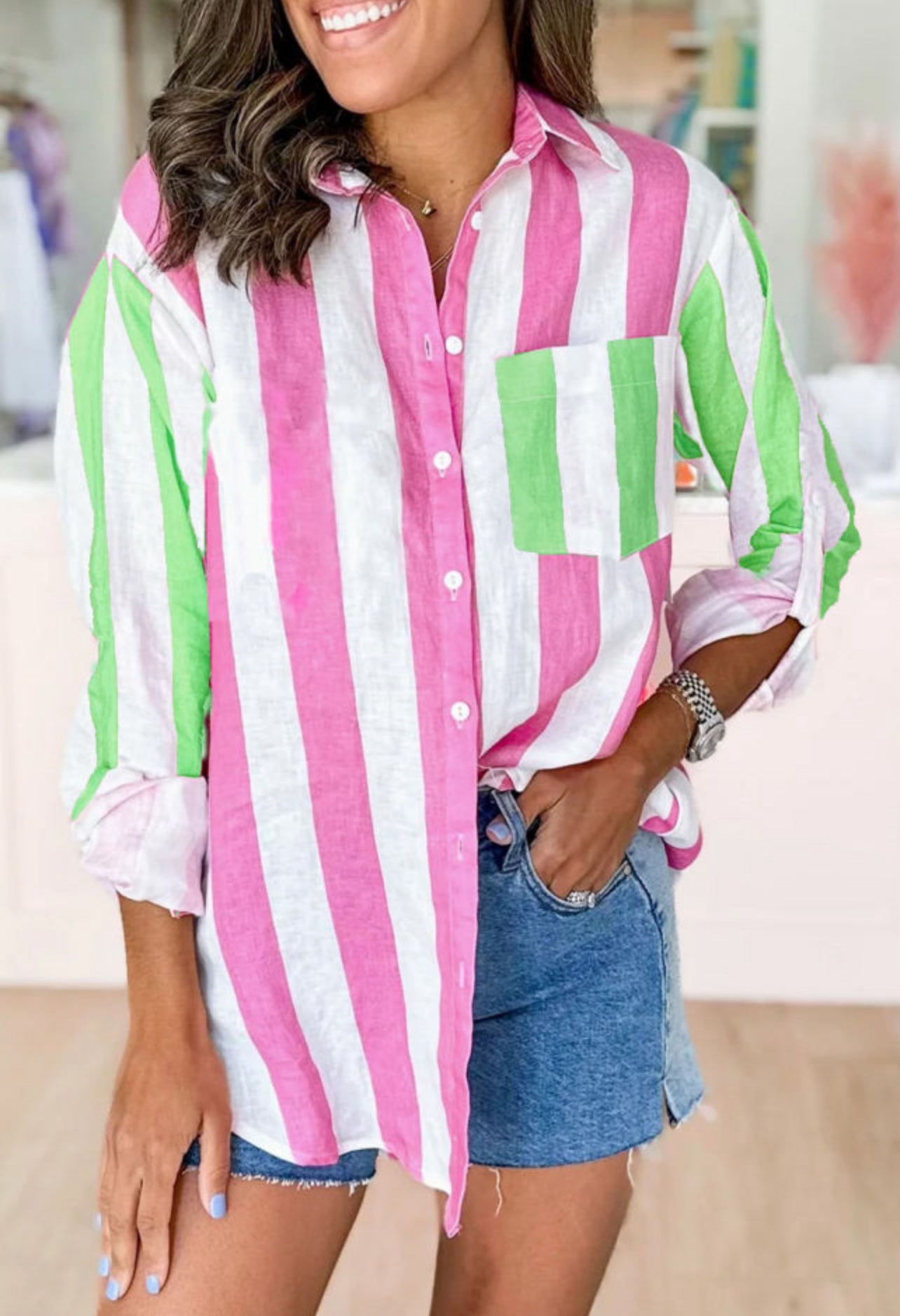 Pink & Green Wide Striped Top