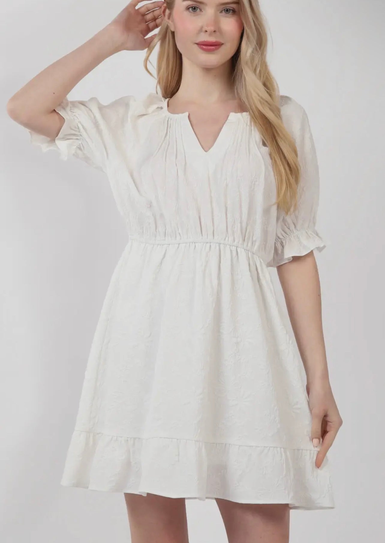 White Floral Textured Woven Mini Dress