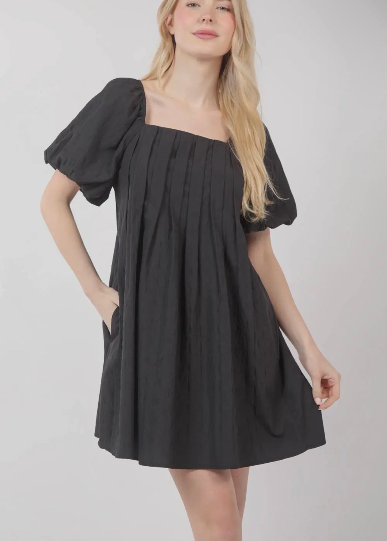 Black Puff Sleeve Pleated Mini Dress