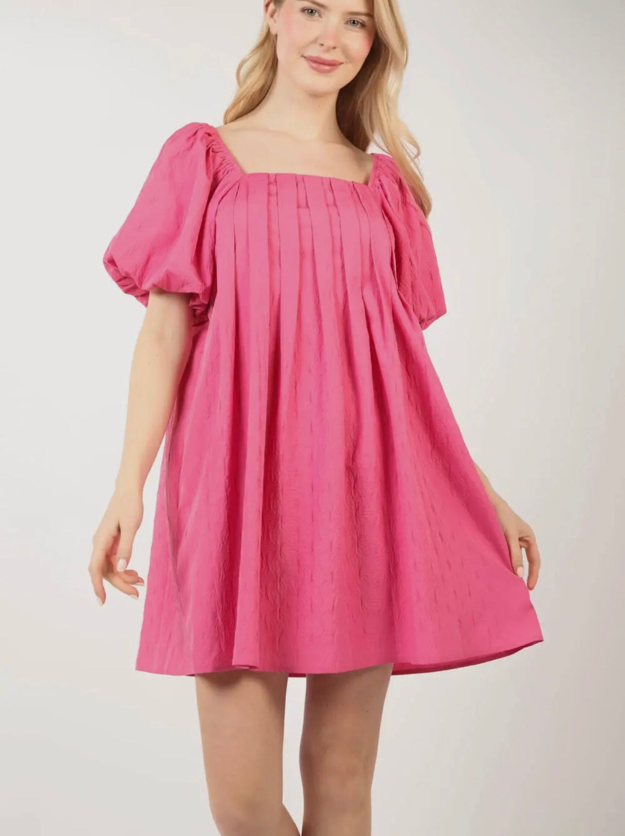Pink Puff Sleeve Pleated Mini Dress
