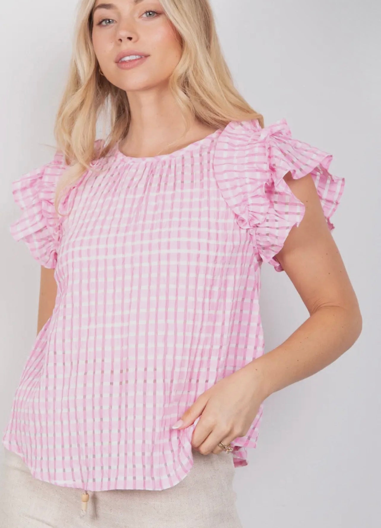 Pink Ruffle Sleeve Woven Top