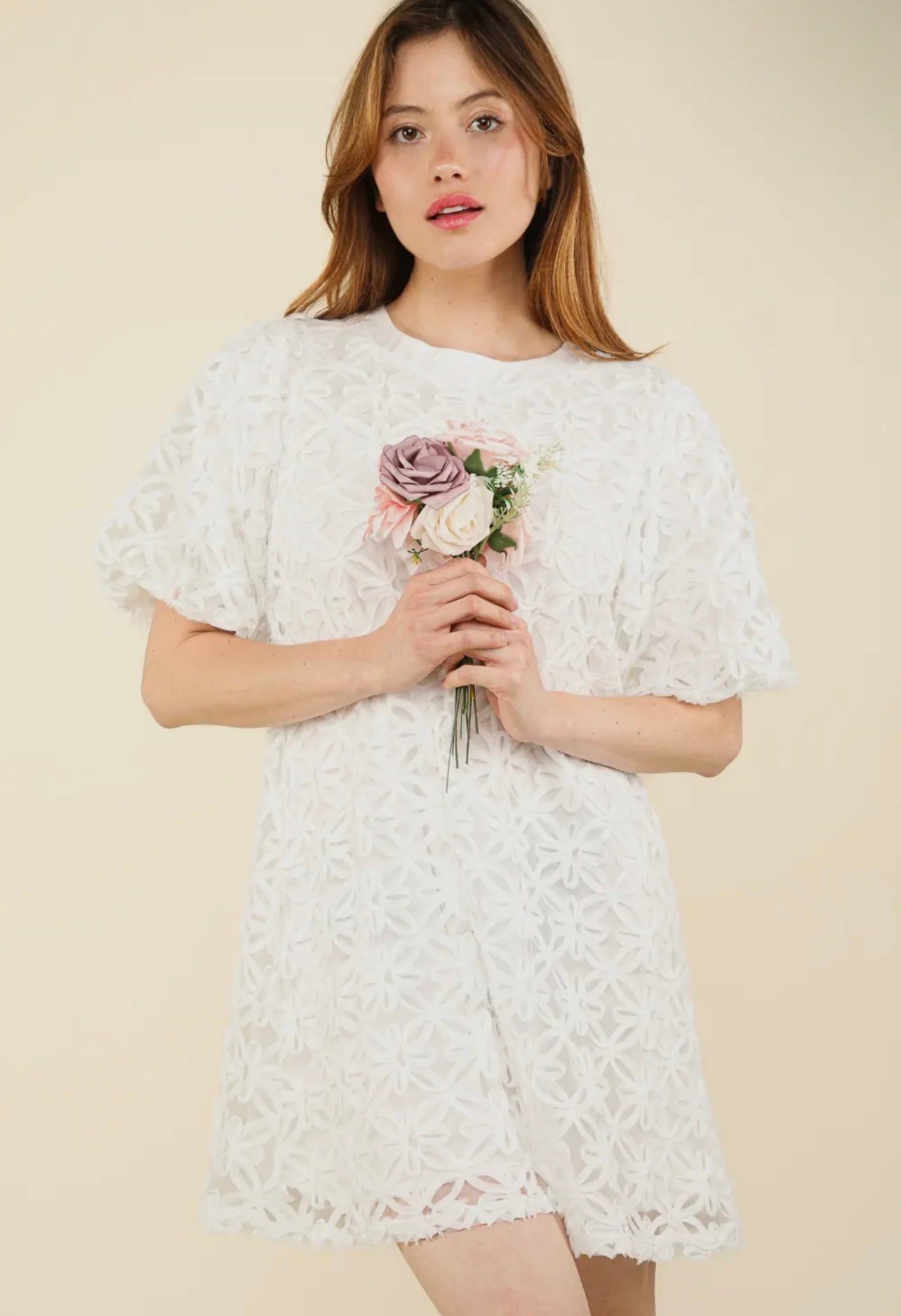 White Floral Textured Puff Sleeve Mini Dress