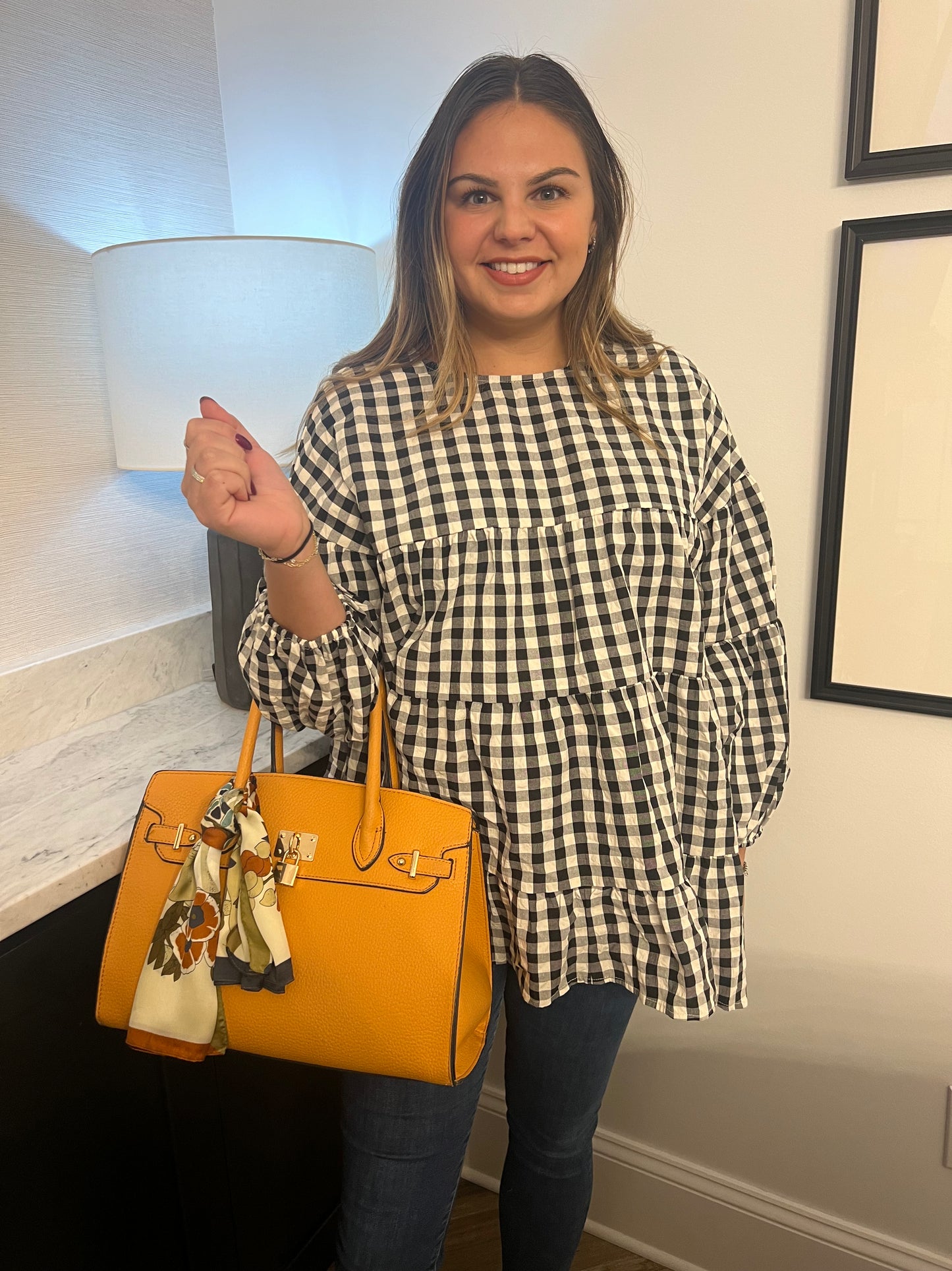 Black Checkered Puff Sleeve Blouse