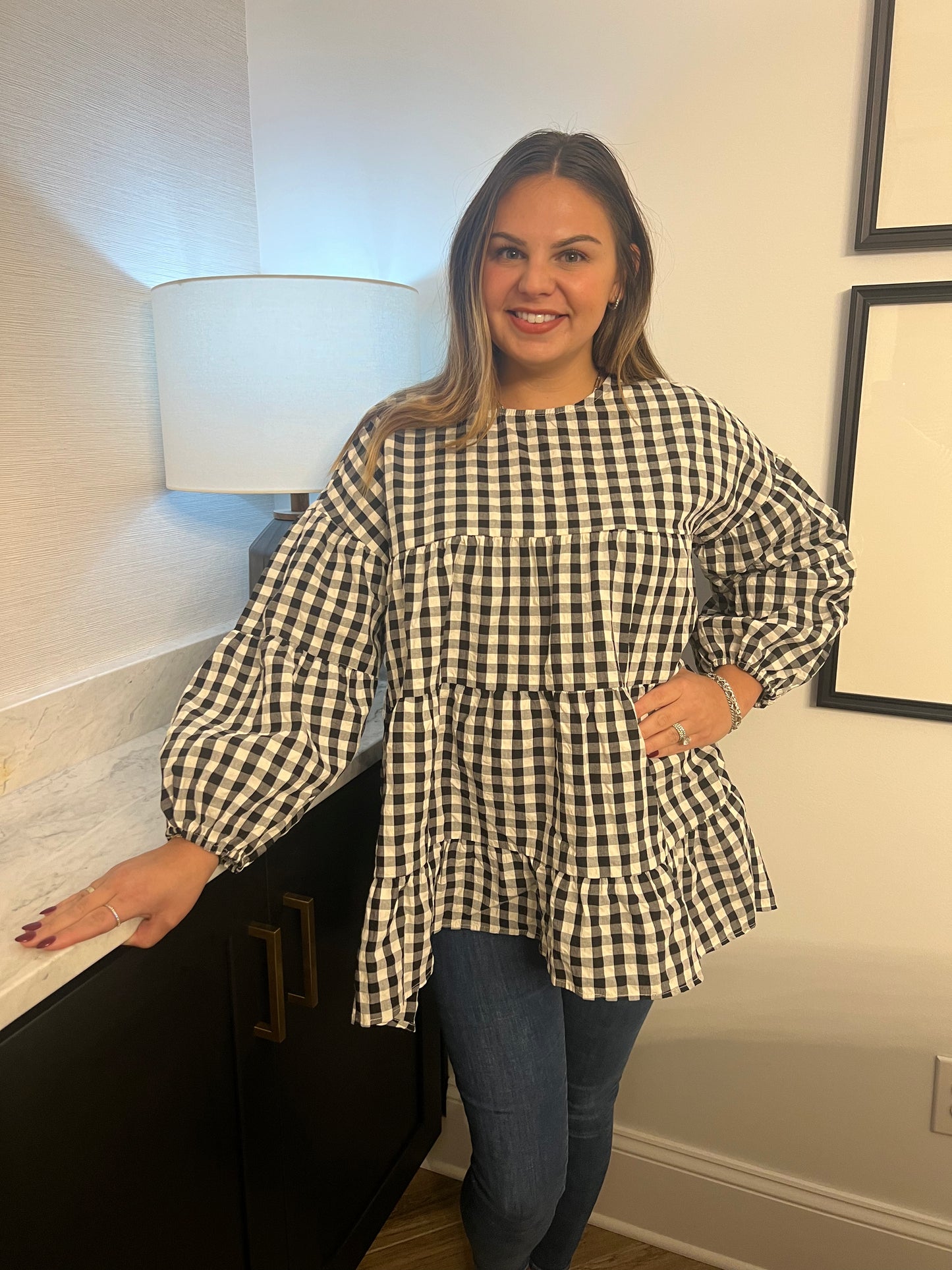 Black Checkered Puff Sleeve Blouse