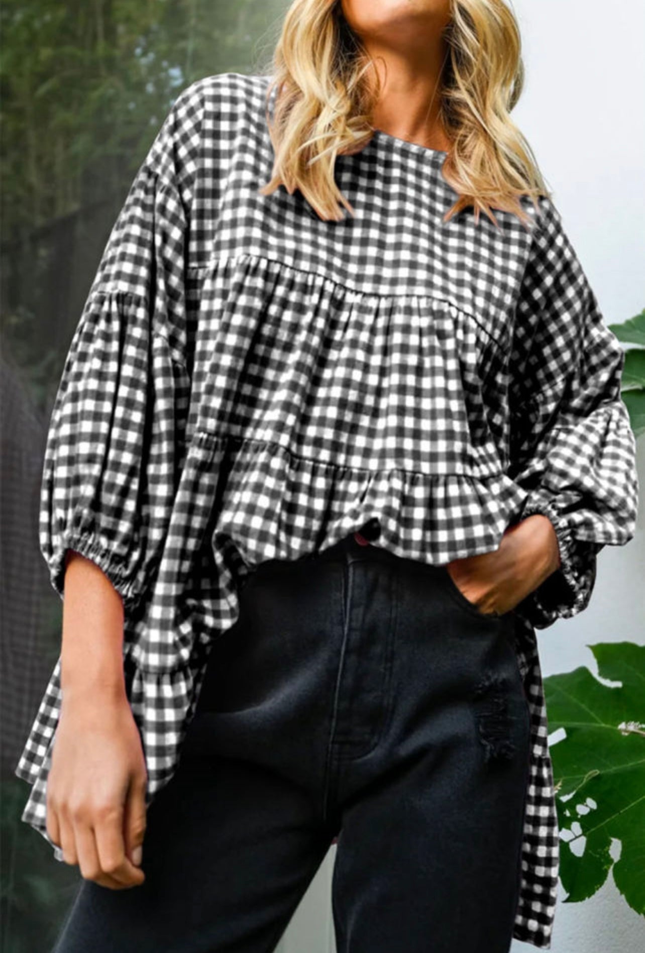 Black Checkered Puff Sleeve Blouse