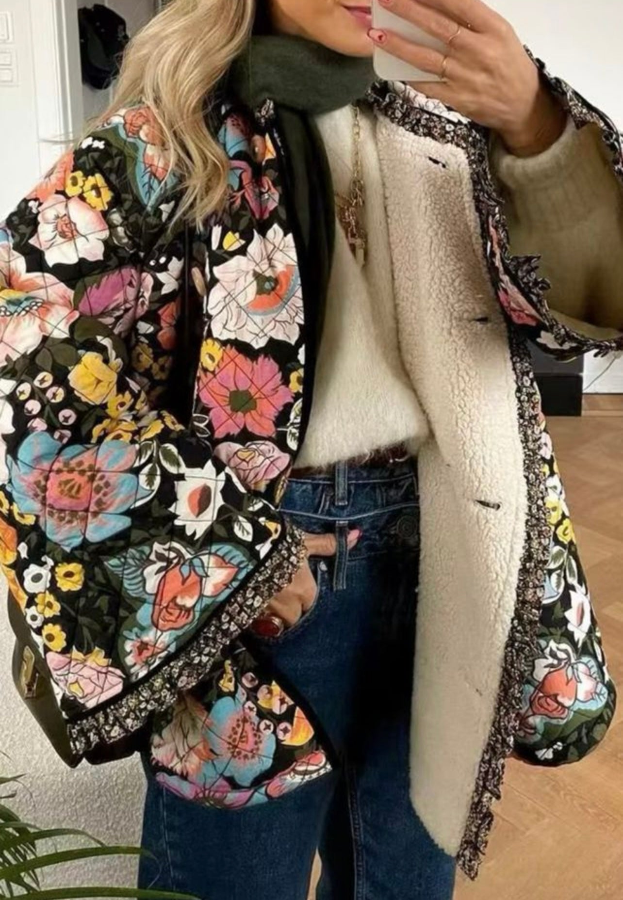 Black Floral Print Quilted Jacket