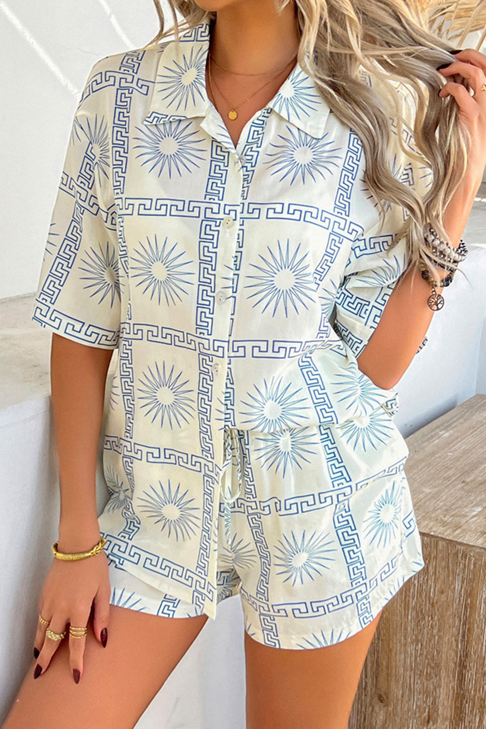 White with Blue Print Matching Set