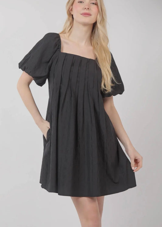 Black Puff Sleeve Pleated Mini Dress