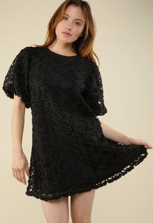 Black Floral Textured Puff Sleeve Mini Dress