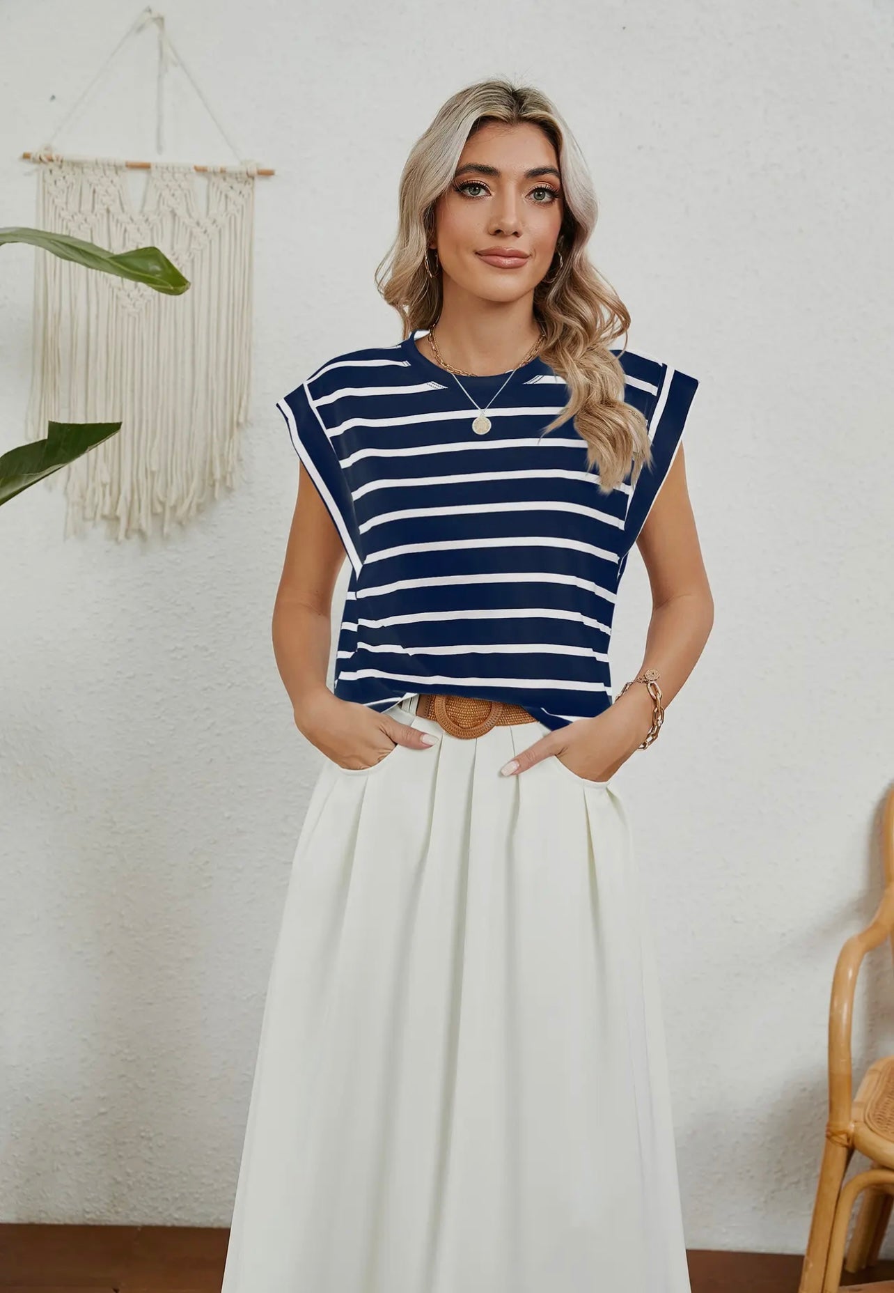 Navy & White Striped Sleeveless Tee
