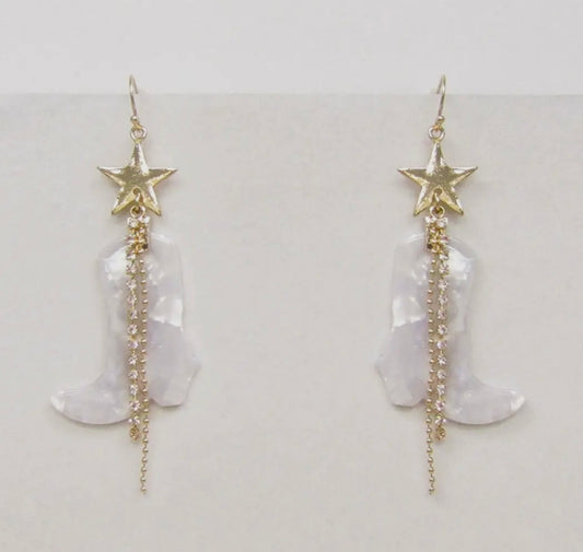 White Cowgirl Boot Drop Earrings