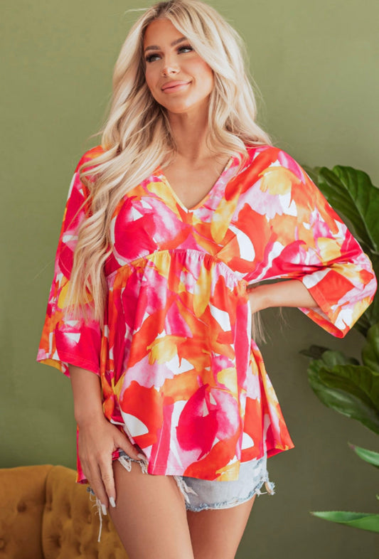 Bright Pink & Orange 3/4 Sleeve Top