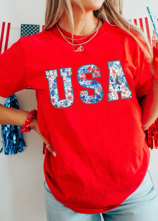 Red Floral USA Tee