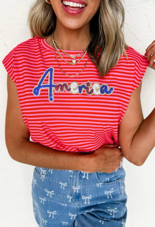 Red & Pink Striped America Tee
