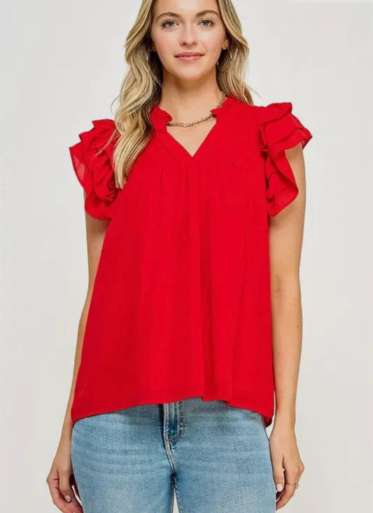 Red Flutter Sleeve Top in Curves