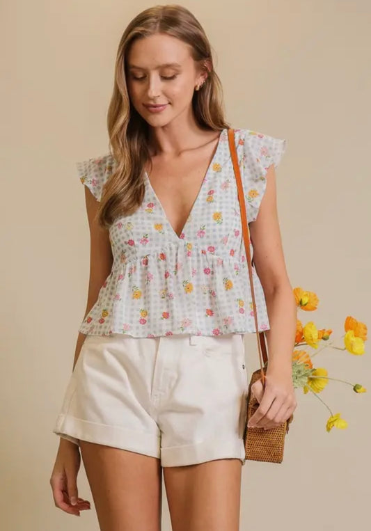 Gingham Floral Top