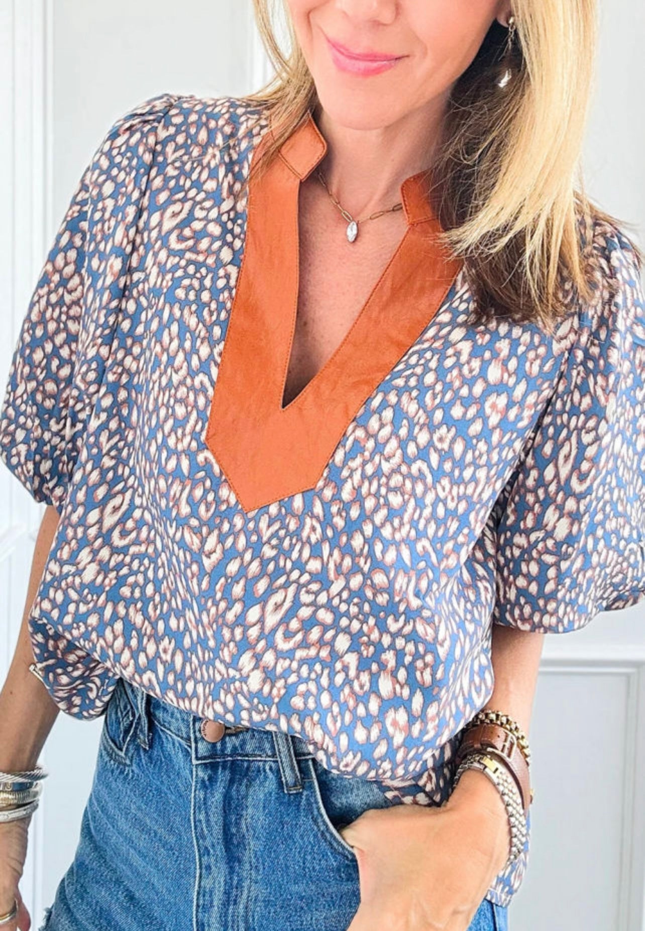 Blue Cheetah Satin Blouse
