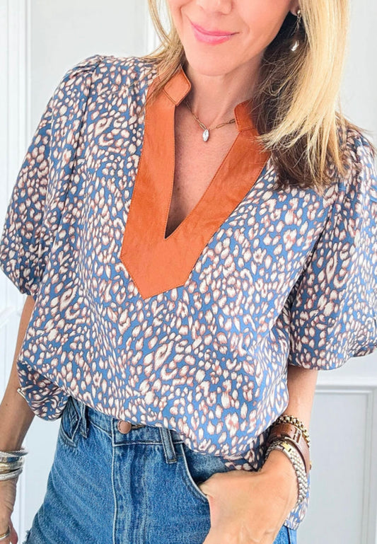 Blue Cheetah Satin Blouse
