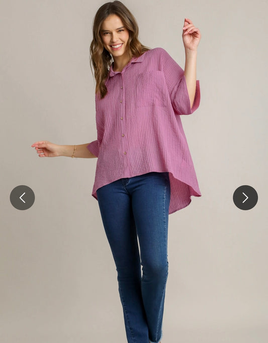 Pink Ribbed Button Down Top
