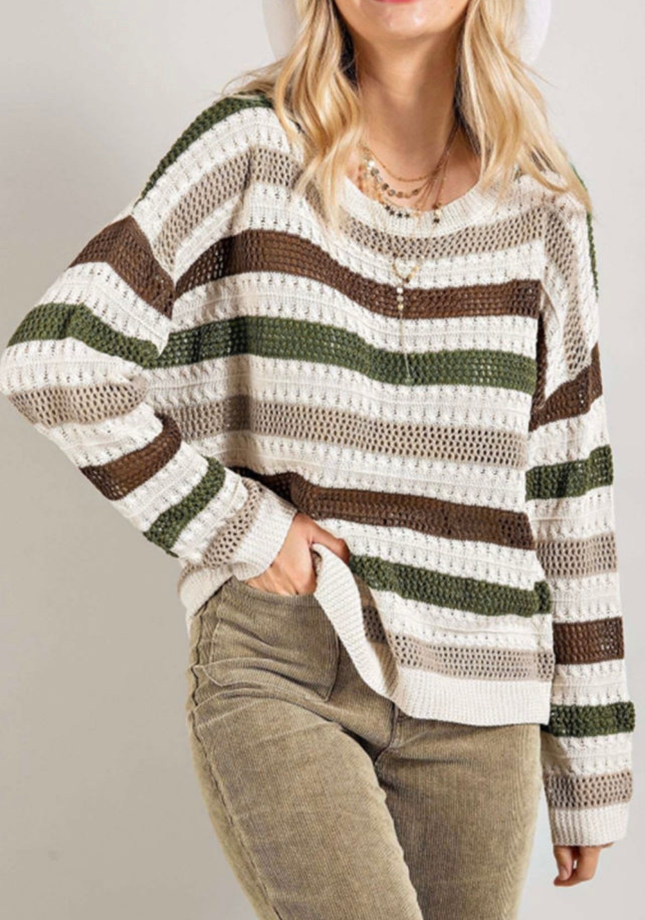 Green & Tan Striped Hollowed Sweater