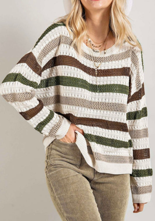 Green & Tan Striped Hollowed Sweater