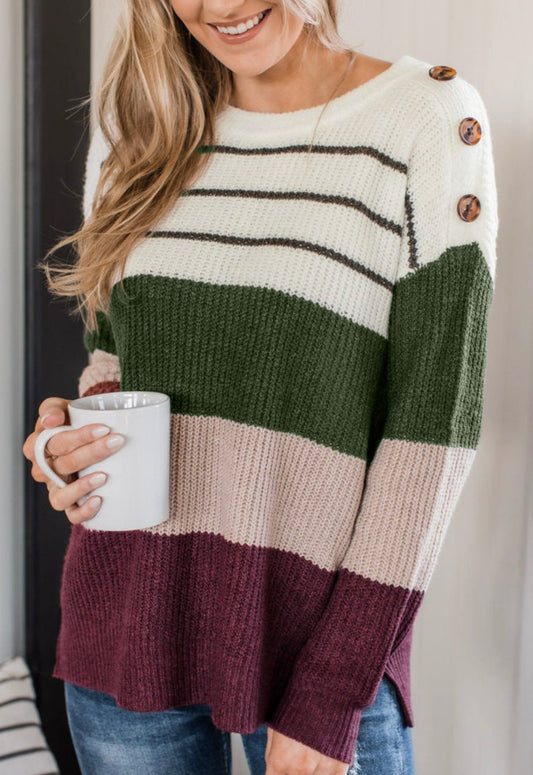 Striped Colorblock Sweater with Buttons