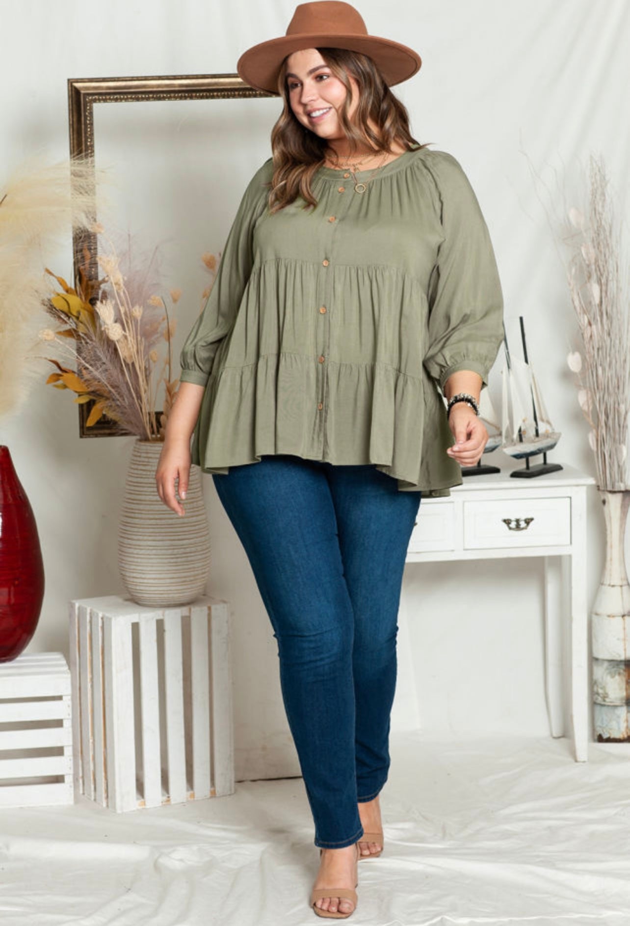 Molly Olive Babydoll Top in Curves