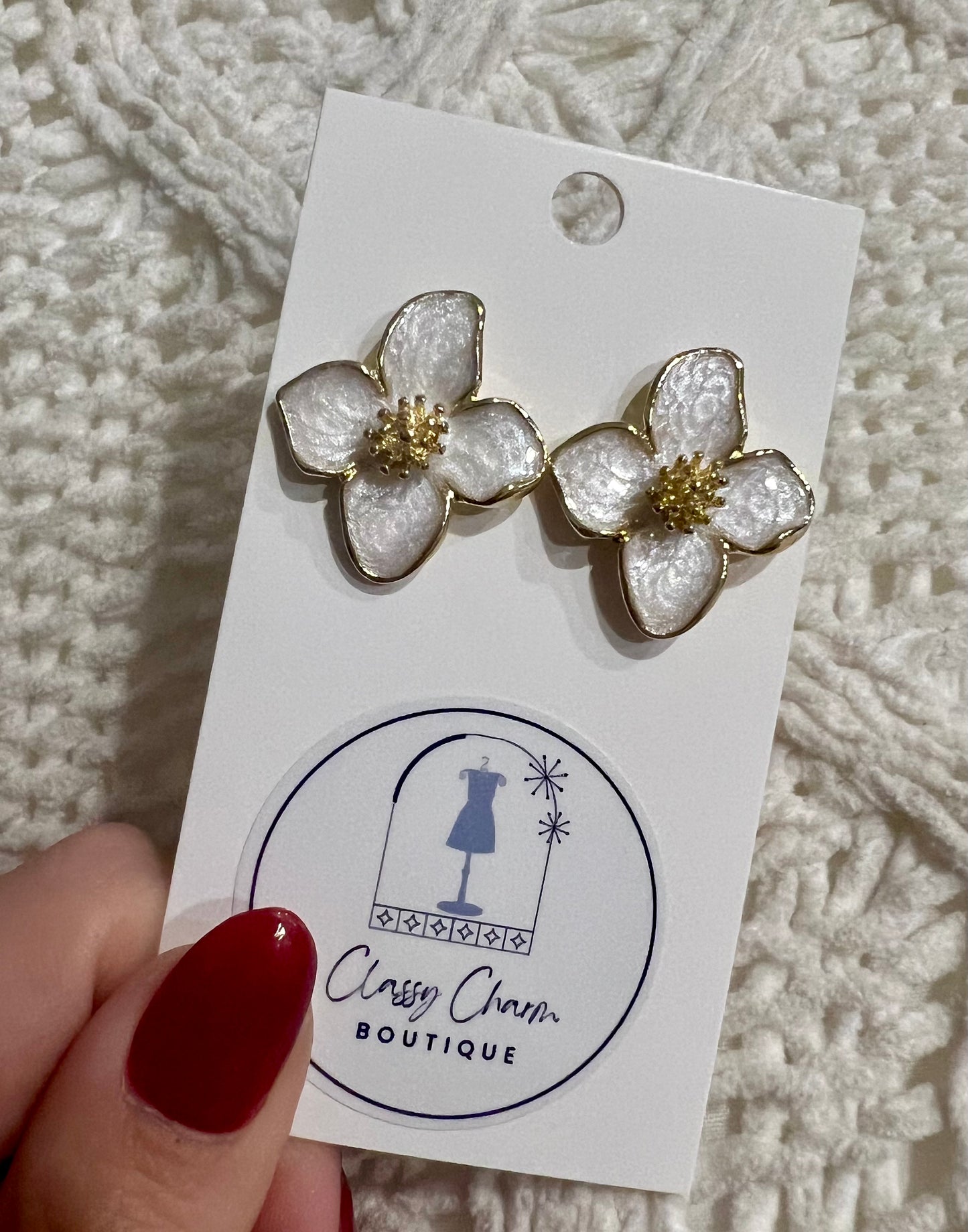 White & Gold Floral Earrings