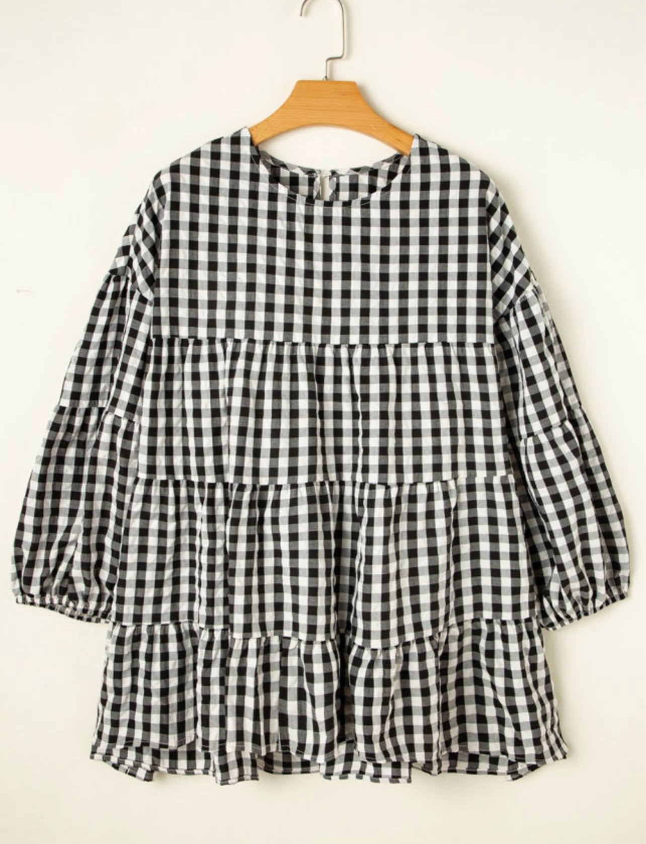 Black Checkered Puff Sleeve Blouse